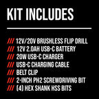 12V/20V Brushless Flip Drill, 12V Kit